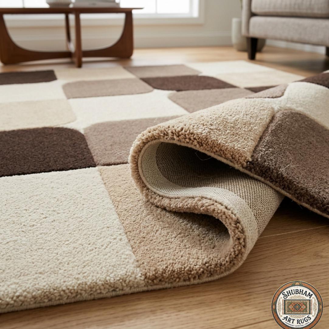 Hand Tufted Wool Runner Rug, Modern Geometric Hallway Carpet, Neutral Beige Brown, Indian Artistry