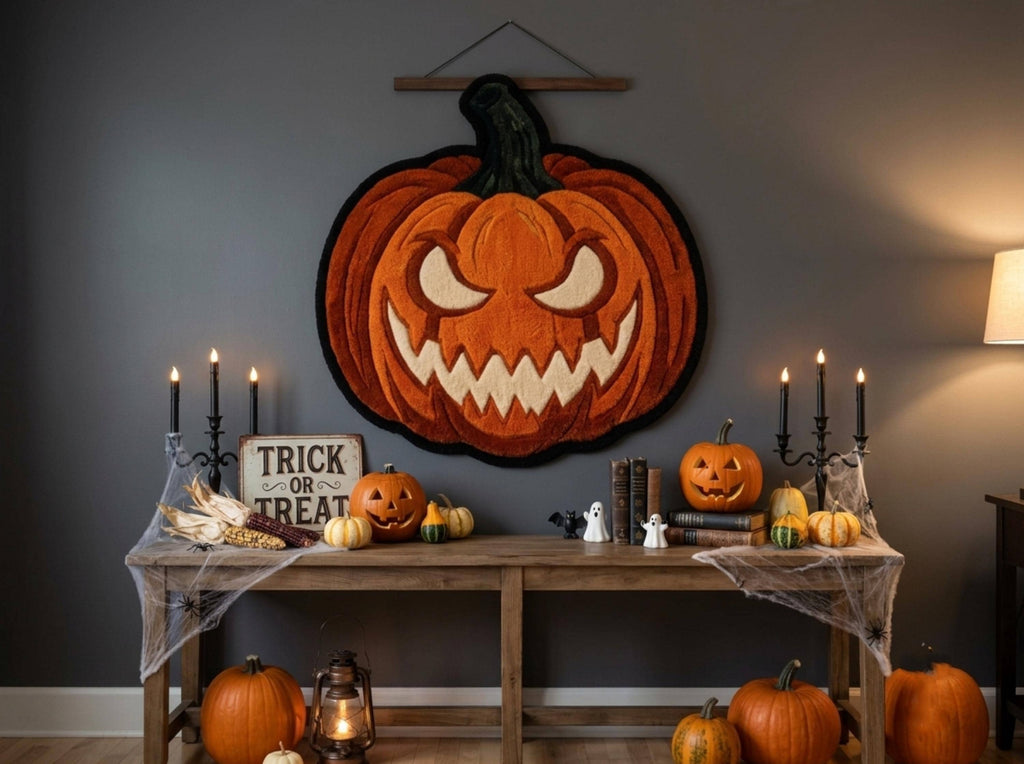 Halloween Pumpkin Rug, Hand Tufted New Zealand Wool, Jack O Lantern Area Rug, Spooky Fall Decor, Gothic Halloween Home Gift Decor!