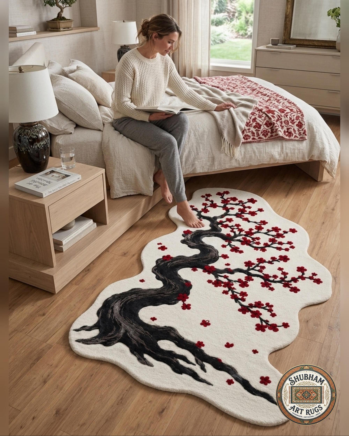 Hand Tufted Wool Rug, Cherry Blossom Tree, Organic Shape, Japanese Floral Carpet