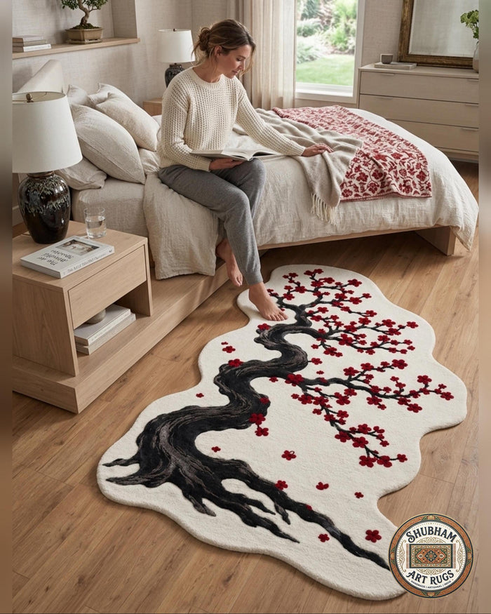 Alfombra de lana hecha a mano, Árbol de cerezo en flor, Forma orgánica, Alfombra floral japonesa