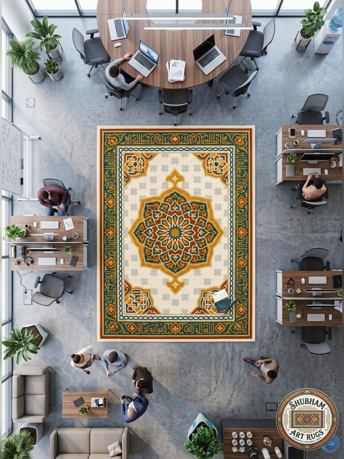 Hand Tufted Wool Rug, Islamic Moroccan Area Carpet, Cream Teal Gold Home Decor