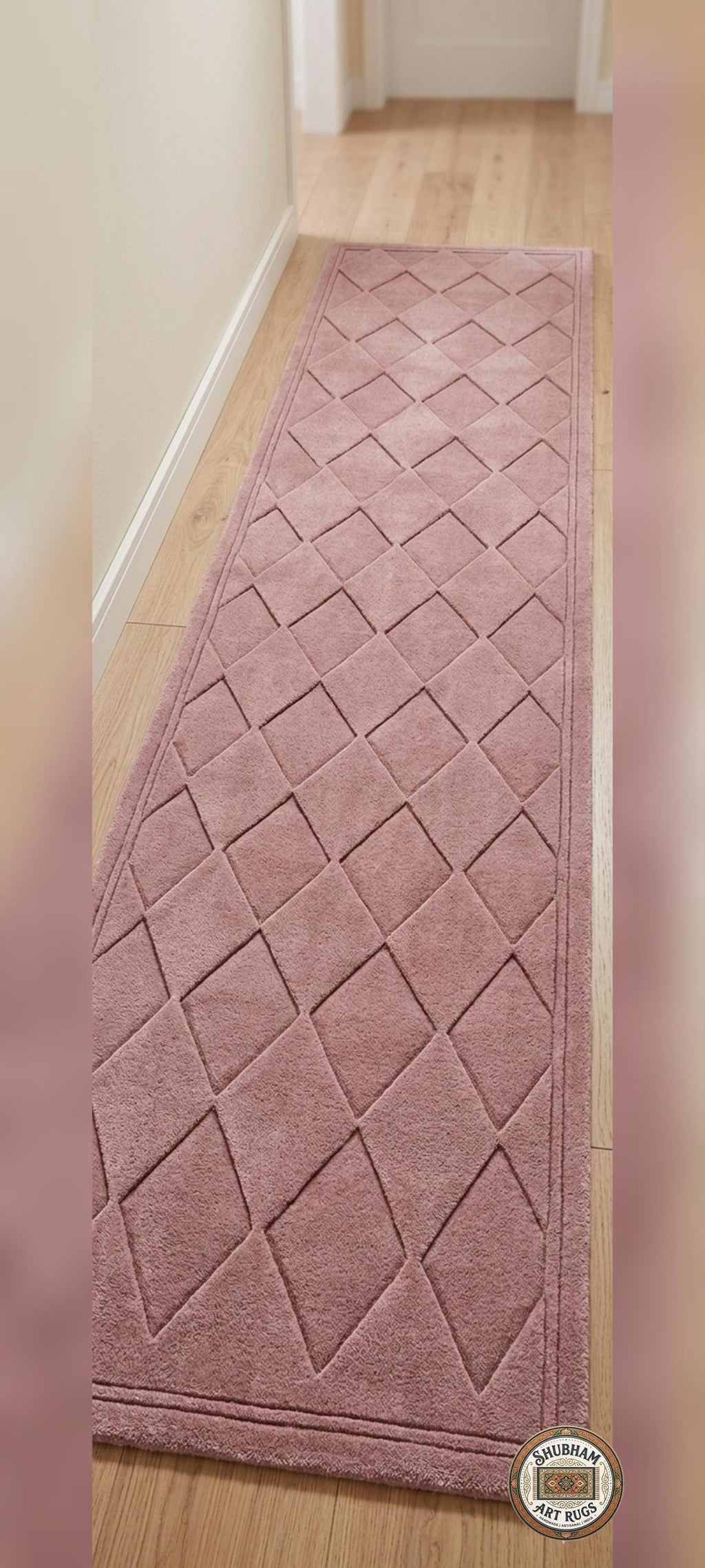 Hand Tufted Wool Rug: pink Geometric Diamond, Modern Minimalist Carpet, Soft Dense Pile