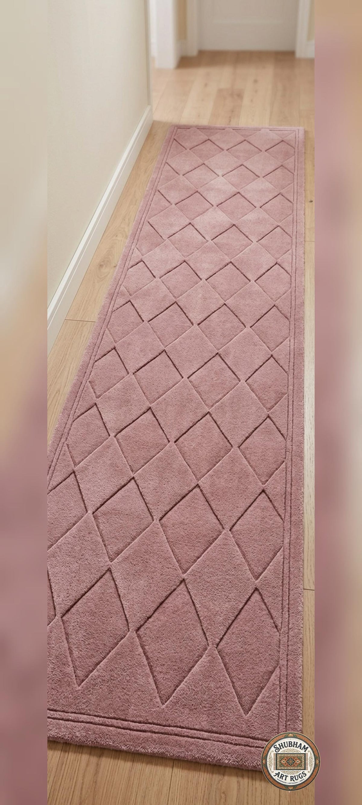 Hand Tufted Wool Rug: pink Geometric Diamond, Modern Minimalist Carpet, Soft Dense Pile