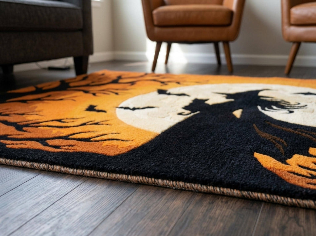 Halloween Witch Rug, Hand Tufted New Zealand Wool Rug, Gothic Orange Moon Bat Carpet, Spooky Fall Decor, Halloween Living Room Rug
