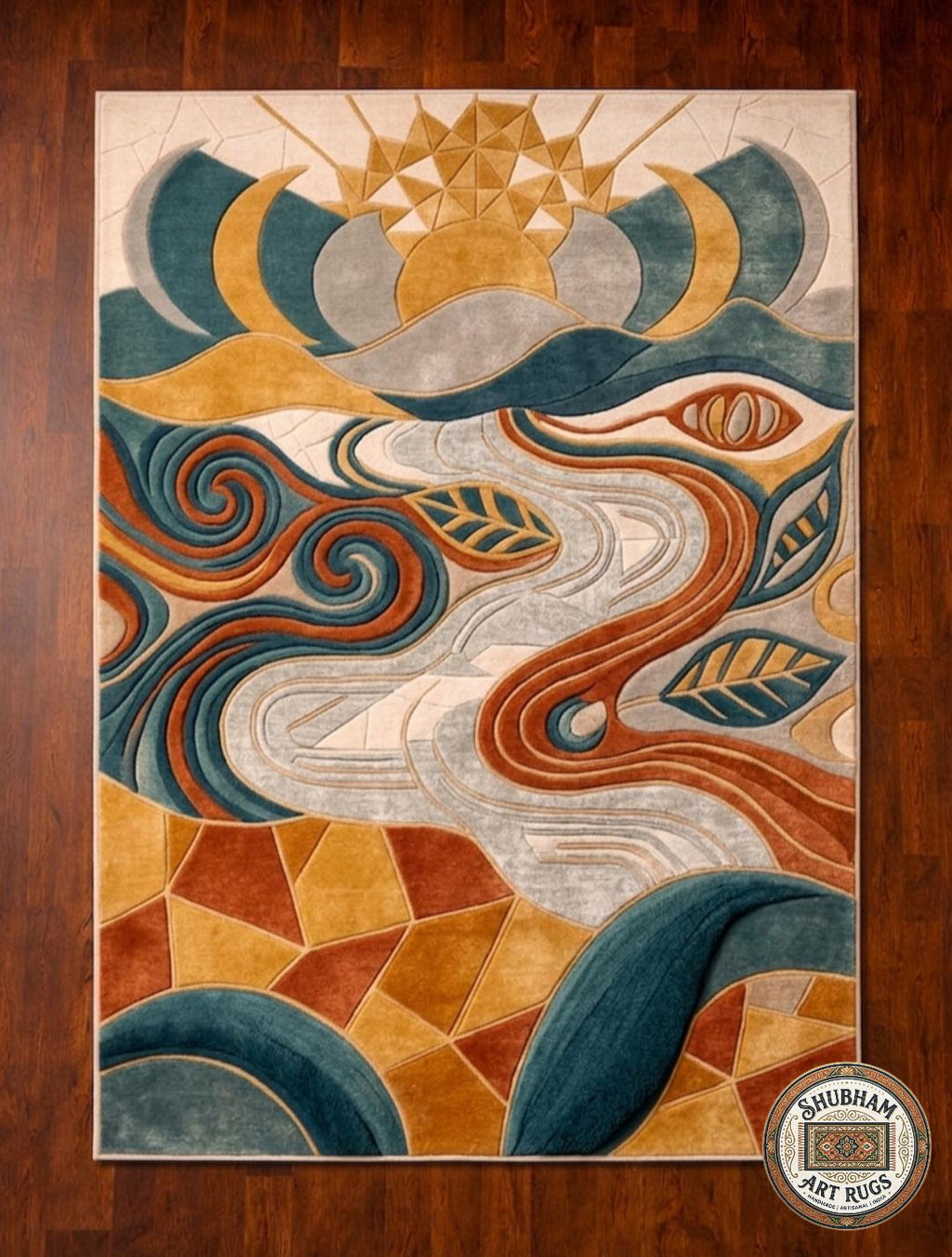 Hand Tufted Wool Rug, Abstract Geometric Mid Century Carpet, Boho Living Room Floor Decor