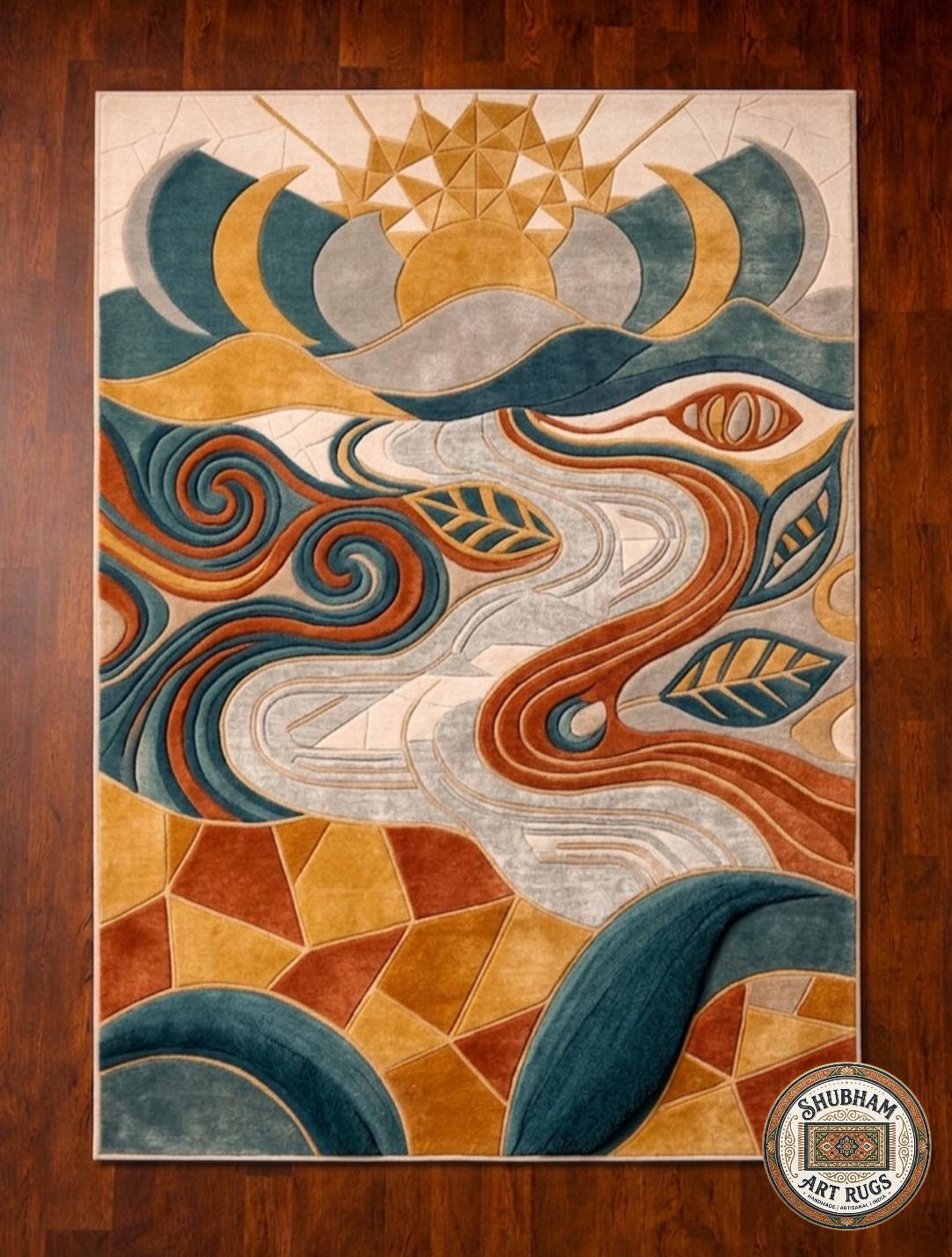 Hand Tufted Wool Rug, Abstract Geometric Mid Century Carpet, Boho Living Room Floor Decor
