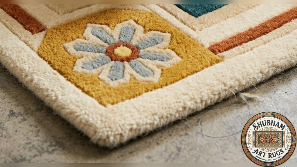 Hand Tufted Wool Rug, Persian Geometric , Cream Teal Gold Moroccan Style