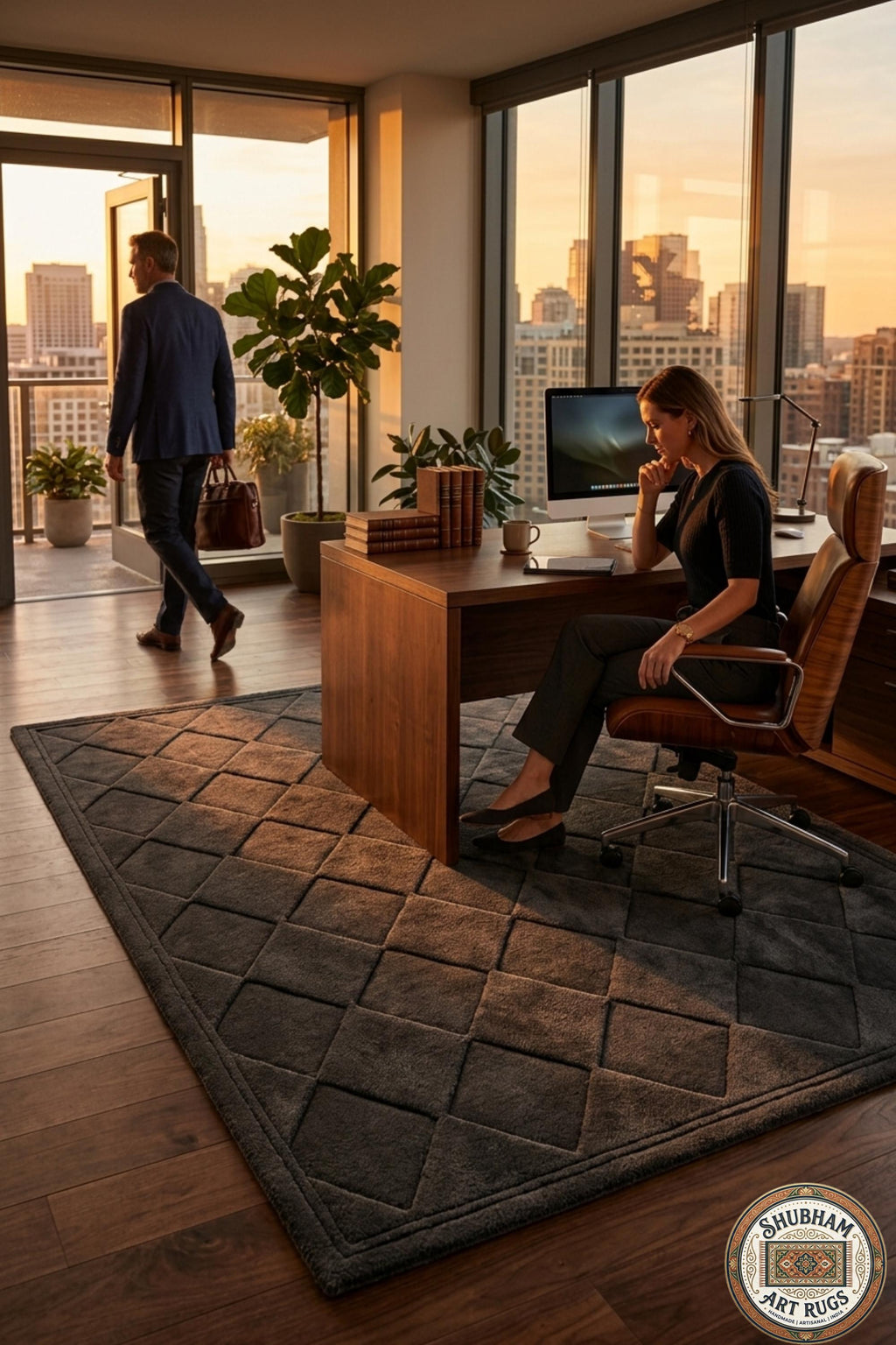 Hand Tufted Wool Rug: Dark Grey Geometric Diamond, Modern Minimalist Area Carpet