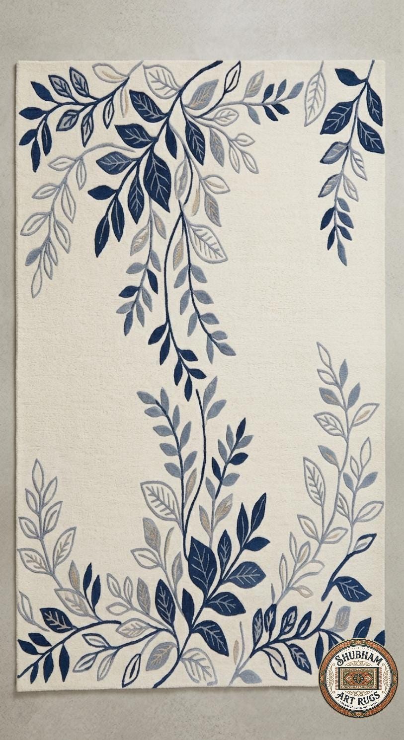 Blue Floral Hand Tufted Wool Rug, Botanical Area Carpet, Living Room Bedroom Home