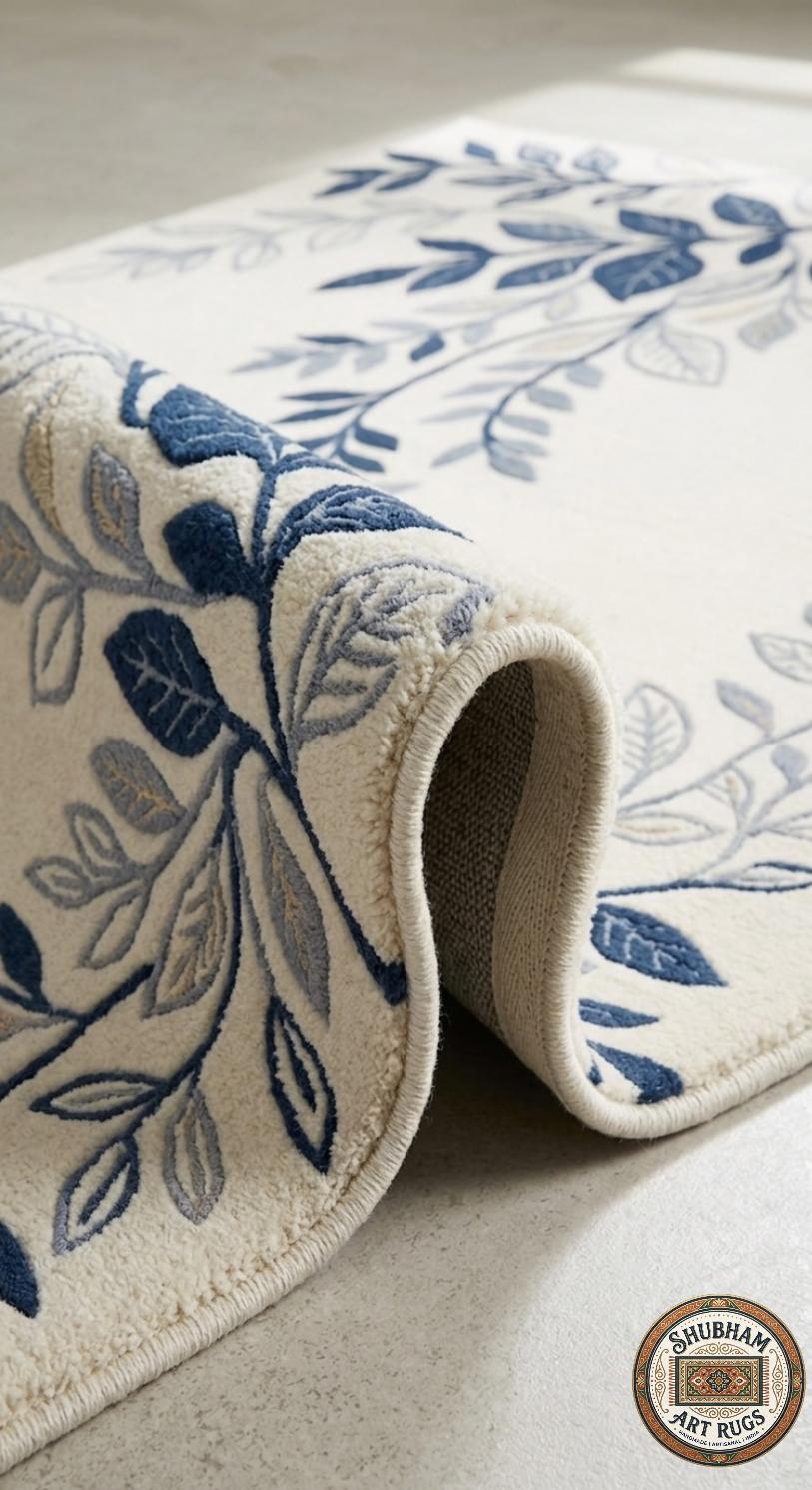 Blue Floral Hand Tufted Wool Rug, Botanical Area Carpet, Living Room Bedroom Home