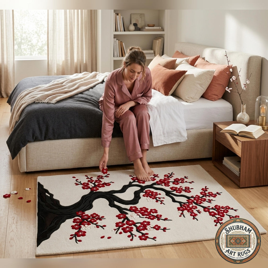 Hand Tufted Wool Rug, Japanese Cherry Blossom Floral Carpet, Round Area Rug