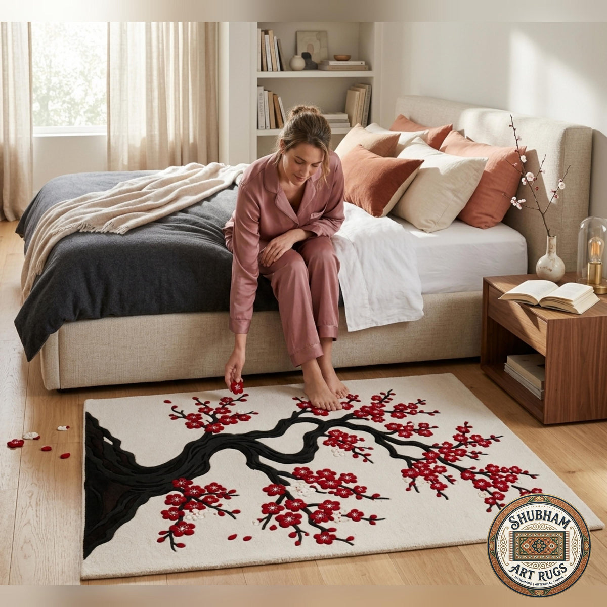 Hand Tufted Wool Rug, Japanese Cherry Blossom Floral Carpet, Round Area Rug
