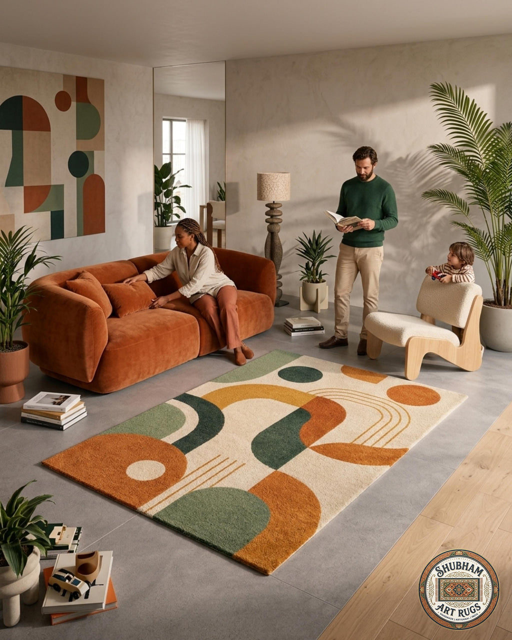 Hand Tufted Wool Rug, Abstract Geometric Carpet, Mid Century Modern Living Room Area Rug