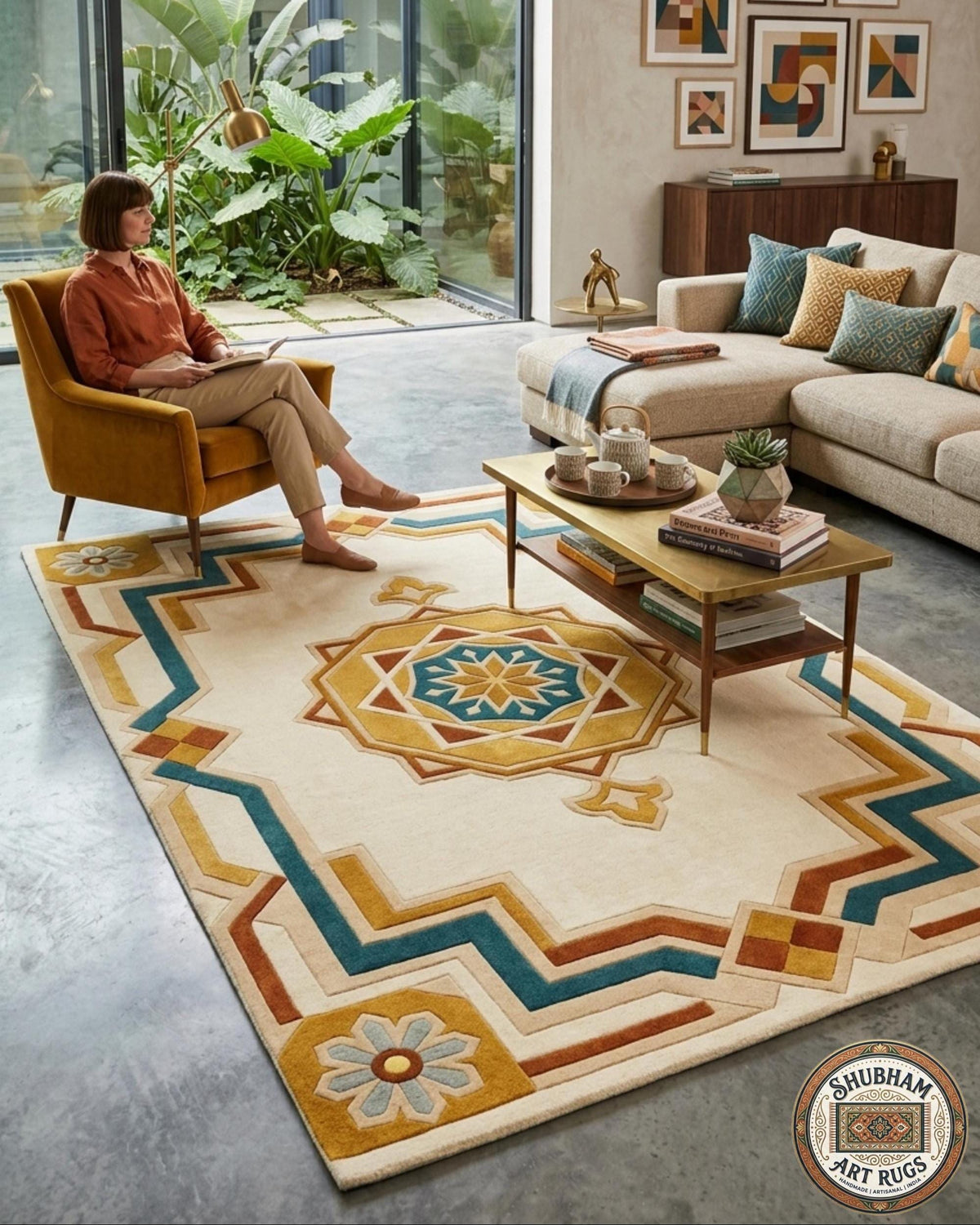 Hand Tufted Wool Rug, Persian Geometric , Cream Teal Gold Moroccan Style