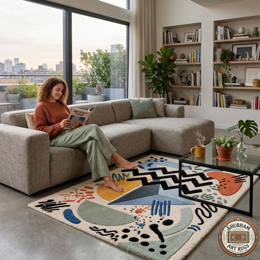 Abstract Hand Tufted Wool Rug, Geometric Indian Carpet, Luxury Living Room Area Rug