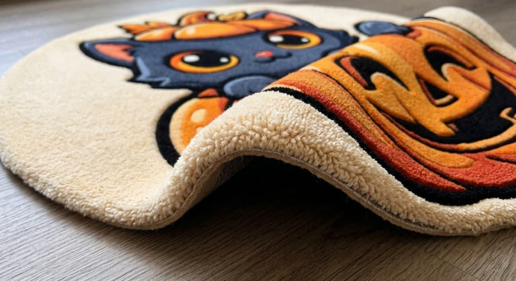 Hand Tufted Halloween Cat Pumpkin Rug, New Zealand Wool Autumn Decor