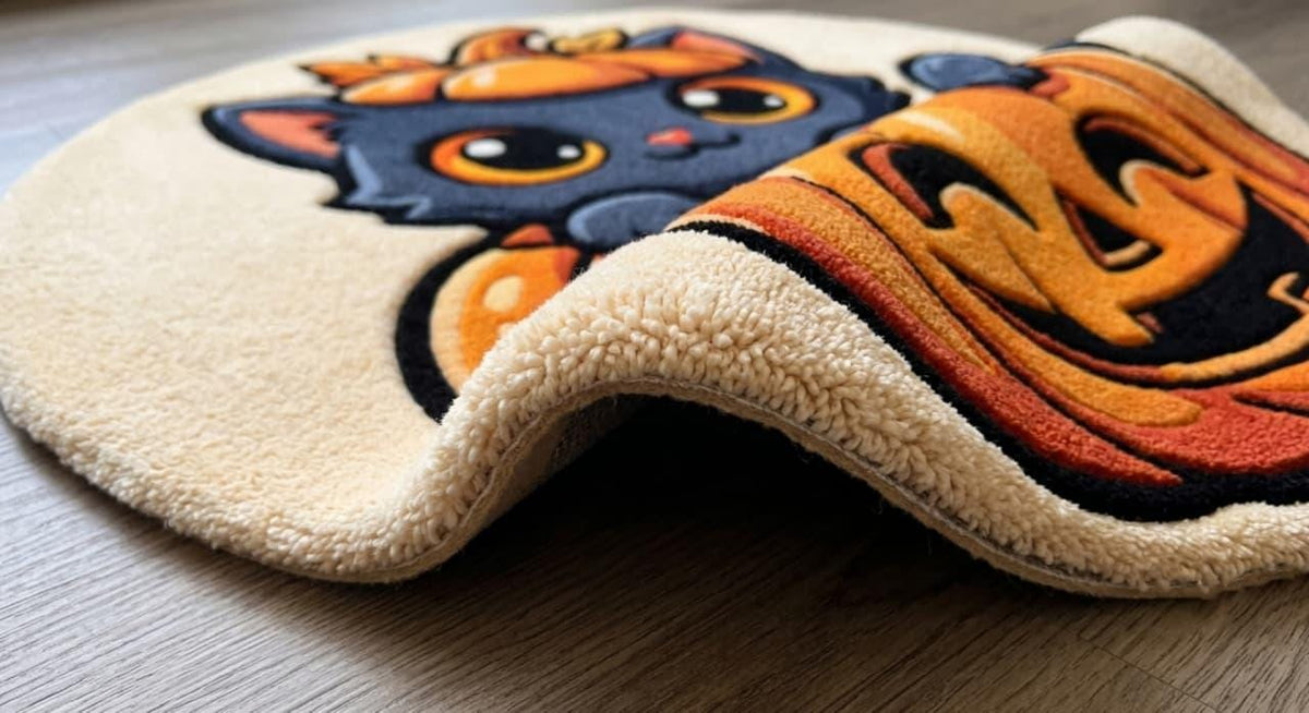 Hand Tufted Halloween Cat Pumpkin Rug, New Zealand Wool Autumn Decor