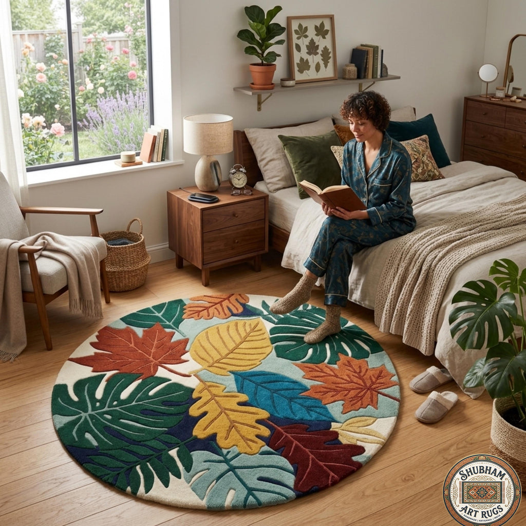 Hand Tufted Leaf Rug, Wool Botanical Carpet, Nature Area Rug, Custom Size