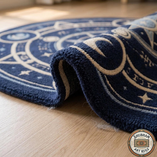 Hand Tufted Wool Celestial Rug, Magic Circle Round Carpet, Astrology Star Navy Blue