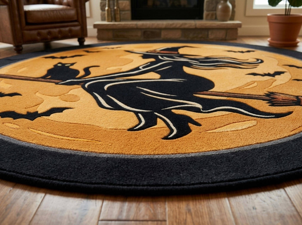 Hand Tufted Halloween Witch Rug, New Zealand Wool Area Rug, Black Orange Fall Decor, Cozy Gothic Home Bedroom Living Room Carpet Accent