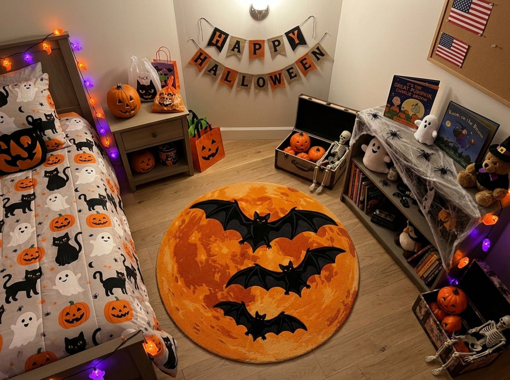 Halloween Bat Rug, Hand Tufted New Zealand Wool, Orange Moon Area Rug, Spooky Gothic Decor, Bat Lover Gift, Fall Home Accent Decor!