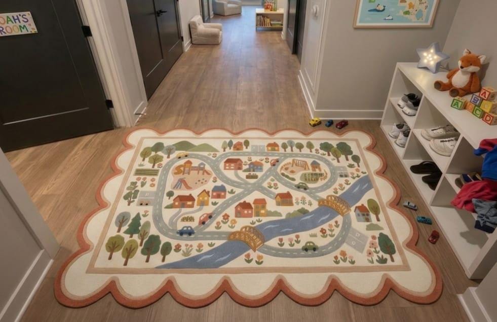Hand Tufted New Zealand Wool Rug Kids Road Map Playroom & Nursery Area Carpet