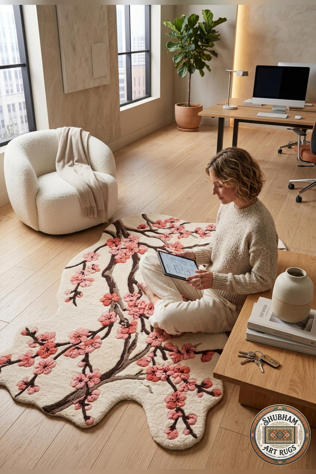 Hand Tufted Cherry Blossom Wool Rug, New Zealand Wool, Organic Floral Carpet Runner