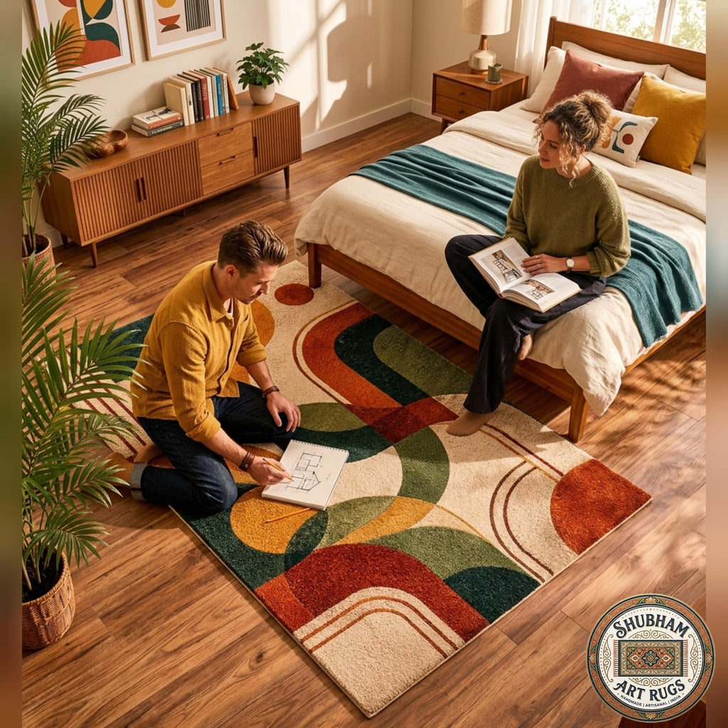 Hand Tufted Wool Rug, Modern Retro Abstract Geometric Carpet, Living Room Decor