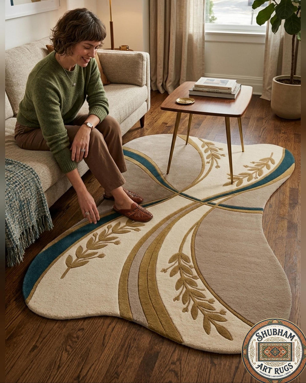 Hand Tufted Wool Rug, Irregular Abstract Botanical Design, New Zealand Blend Carpet