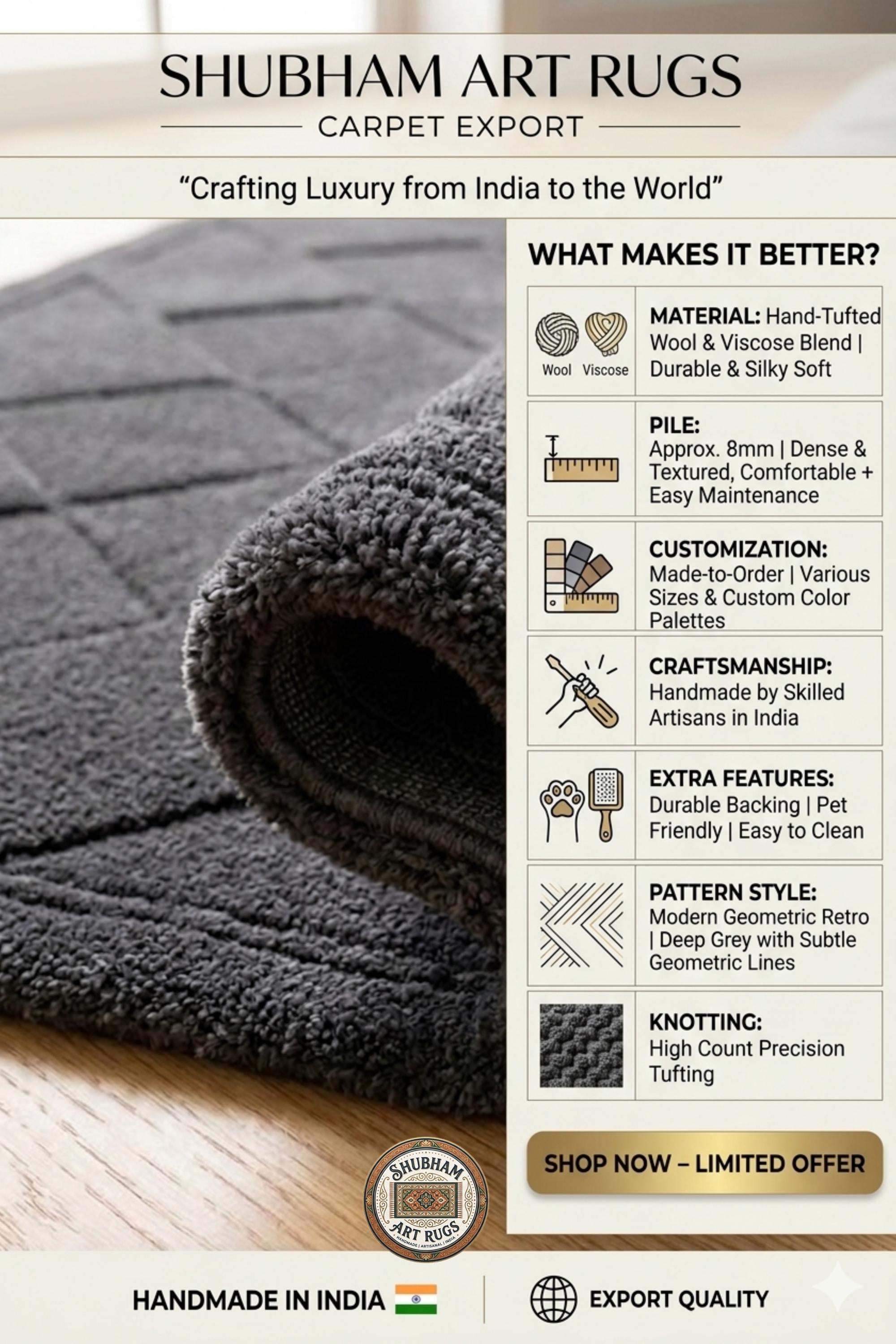 Hand Tufted Wool Rug: Dark Grey Geometric Diamond, Modern Minimalist Area Carpet