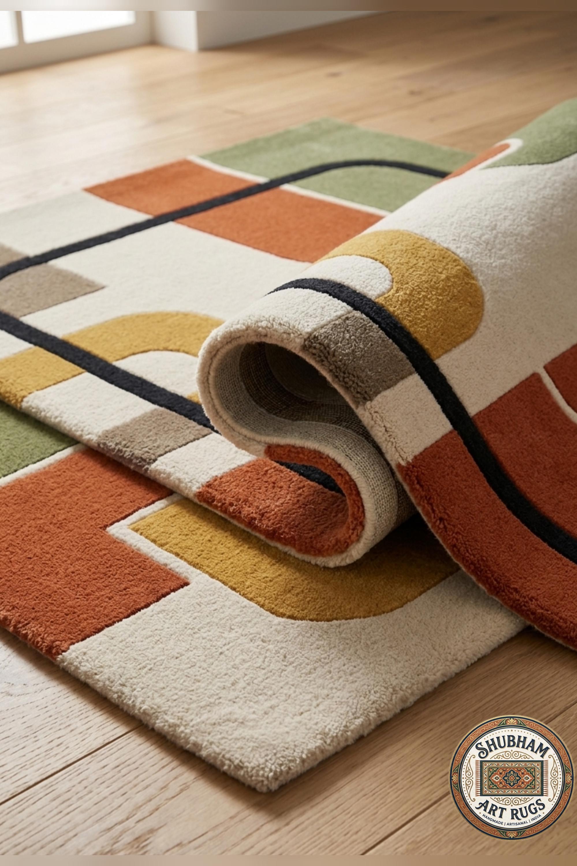 Hand Tufted Wool Rug, Mid Century Abstract Geometric Carpet, Organic Contemporary Decor
