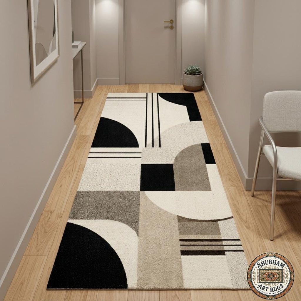 Hand Tufted Wool Rug, Modern Geometric Abstract Carpet, Black Beige Living Room