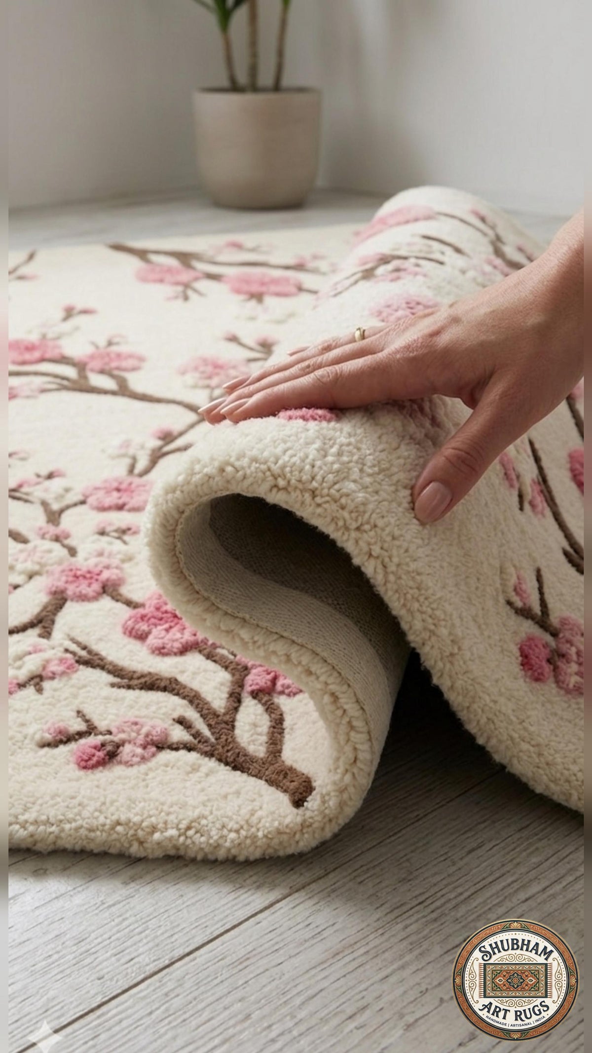 Hand Tufted Wool Cherry Blossom Rug, New Zealand Wool Botanical Carpet