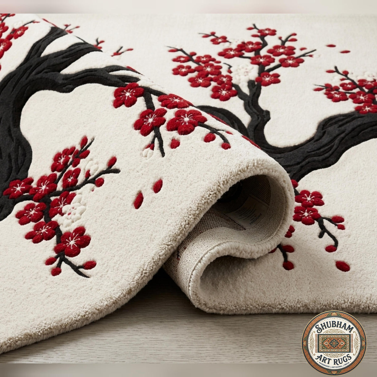 Hand Tufted Wool Rug, Japanese Cherry Blossom Floral Carpet, Round Area Rug