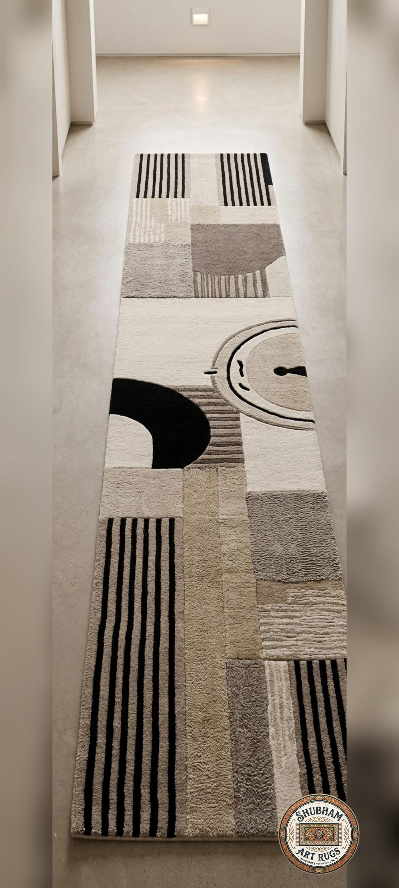 Hand Tufted Wool Rug, Modern Abstract Beige Black Carpet, Custom Area Living Room