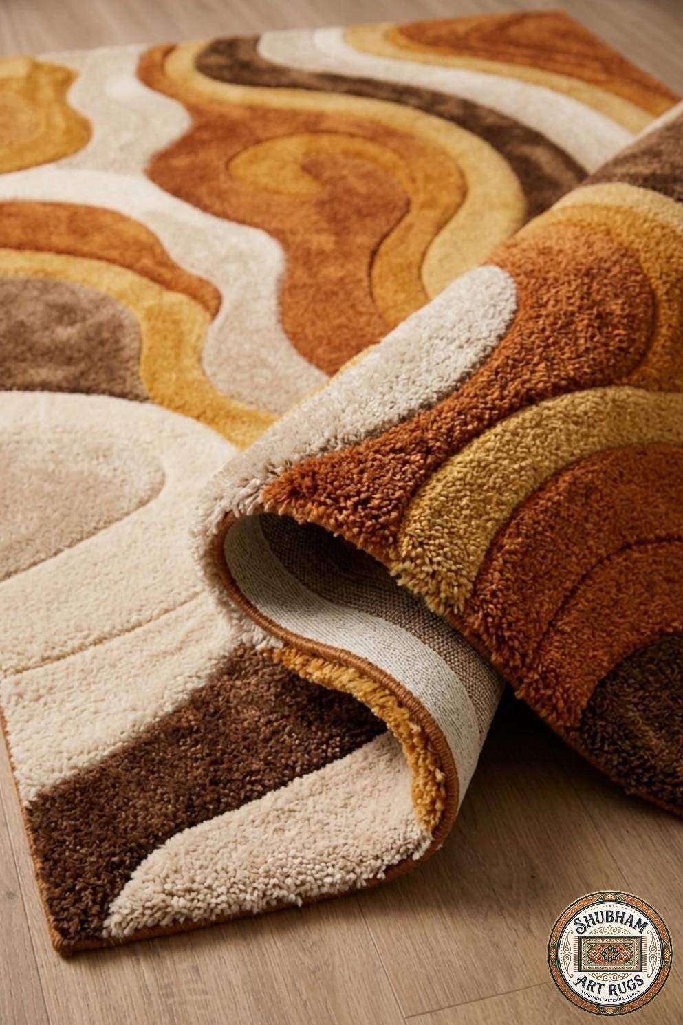Hand Tufted Wool Rug: Retro Wavy Design, Mid Century Modern Carpet