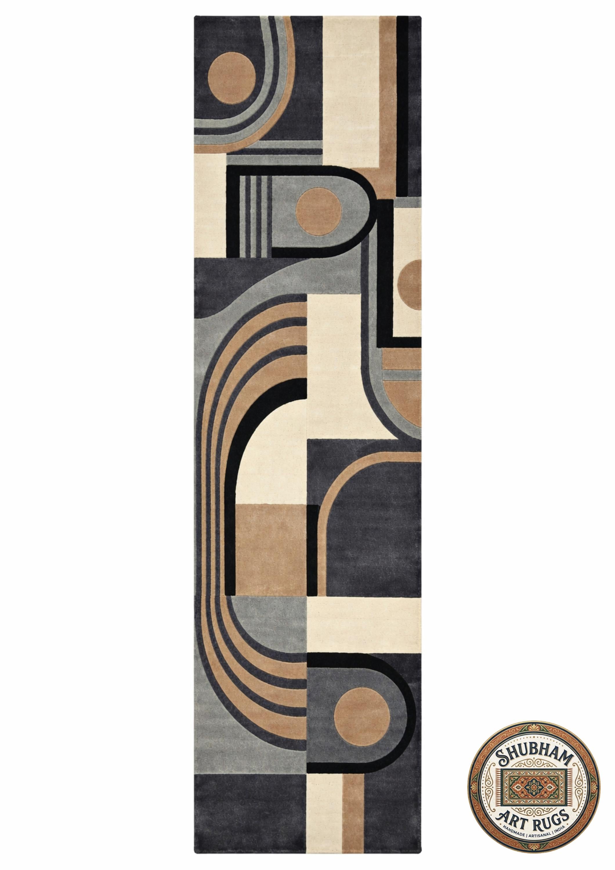 Hand Tufted Wool Rug, Modern Abstract Arc, Geometric Neutral Beige Grey Carpet