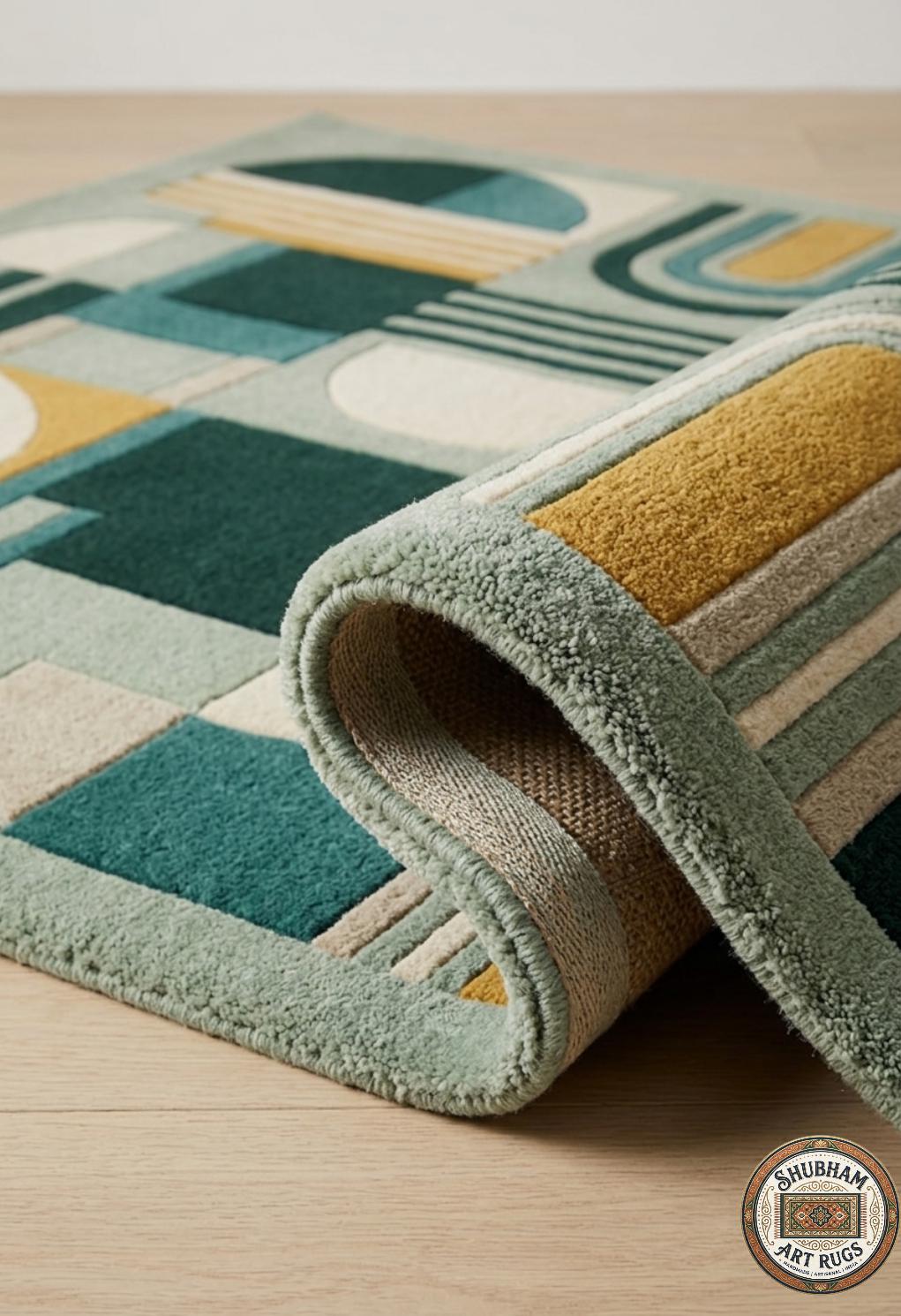 Sage Geometry Hand Tufted Wool Rug, Mid Century Modern Abstract Carpet