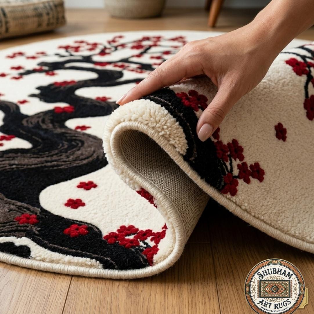 Hand Tufted Wool Rug: Japanese Cherry Blossom Tree Floral Carpet