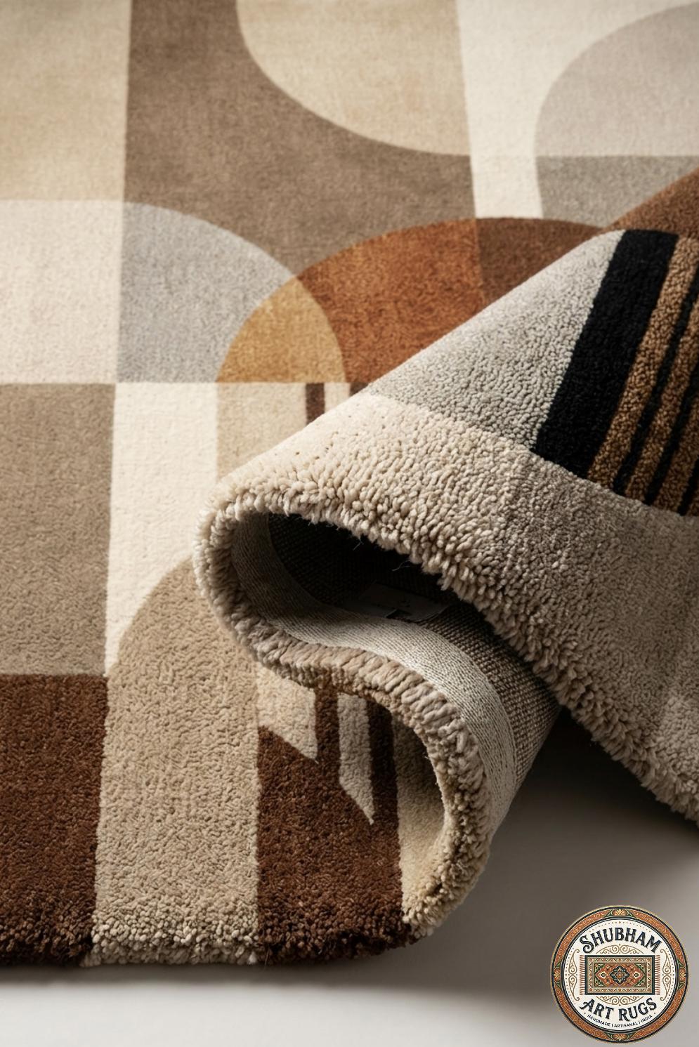 Hand Tufted Wool Rug, Neutral Geometric Abstract Carpet, Beige Brown Minimalist Indian Rug