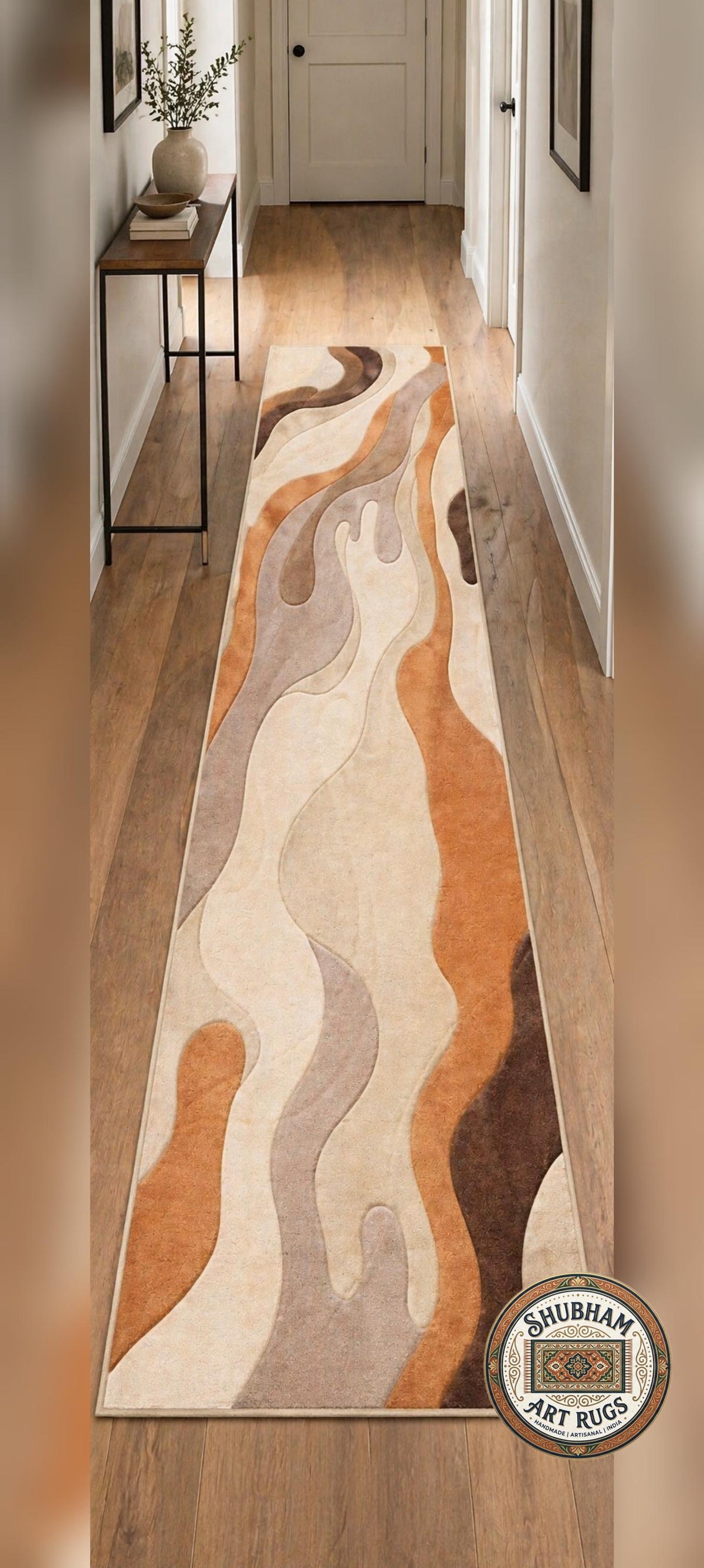 Abstract Wavy Wool Rug, Modern Neutral Beige Brown Carpet, Custom Area Rug