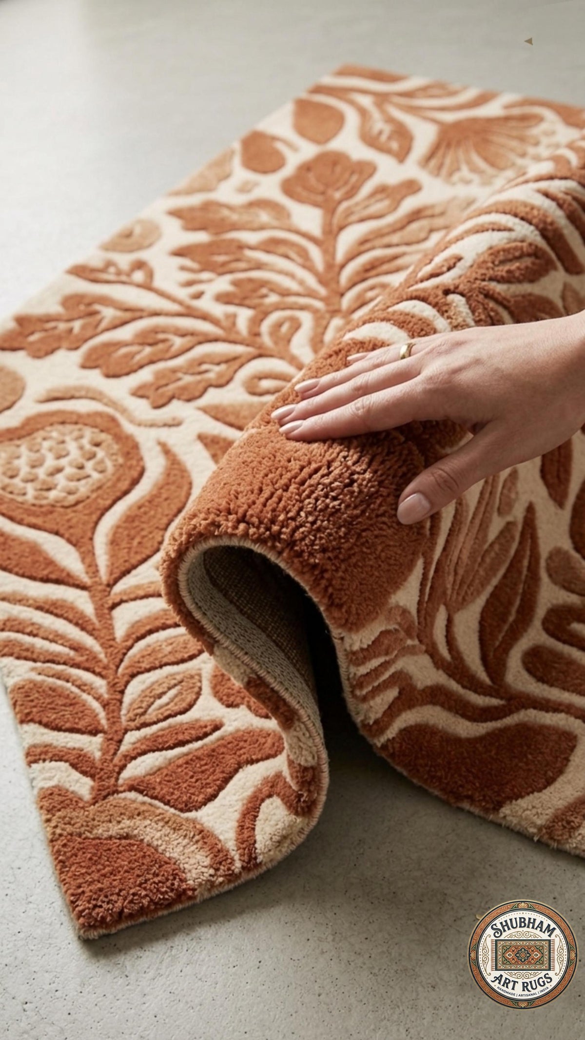 Hand Tufted Wool Rug, Abstract Botanical Terracotta, Modern Floral Area Carpet