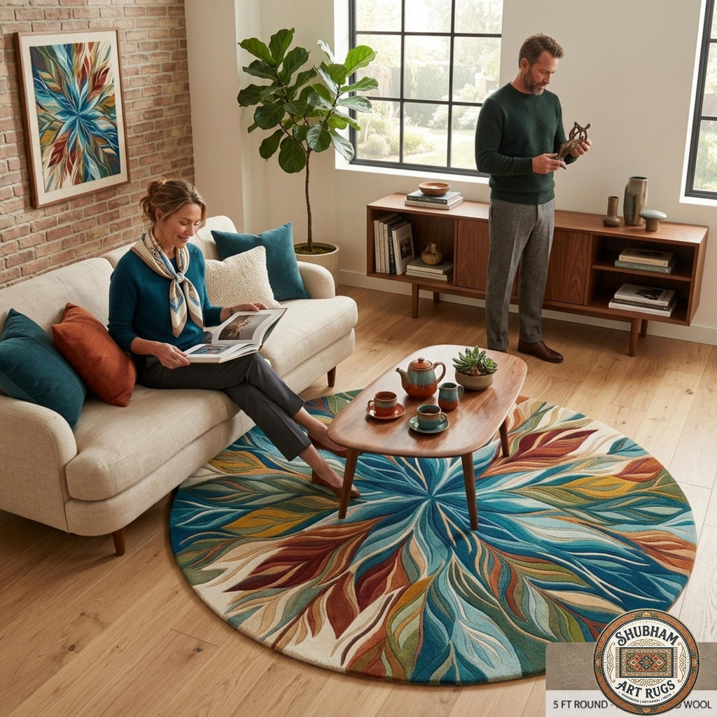Hand Tufted Wool Leaf Rug, Organic Modern Area Carpet, Living Room Decor