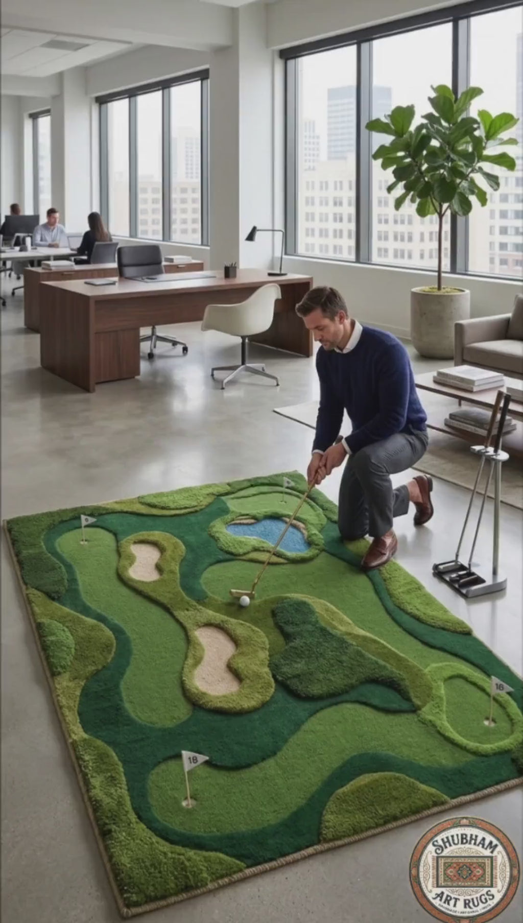 Mini Golf Course Hand-Tufted New Zealand Wool Rug - 3D Abstract Grass Texture Area Carpet for Game Room, Office & Kids Room - Modern Multi-Green Aesthetic Minimalist Area Carpet