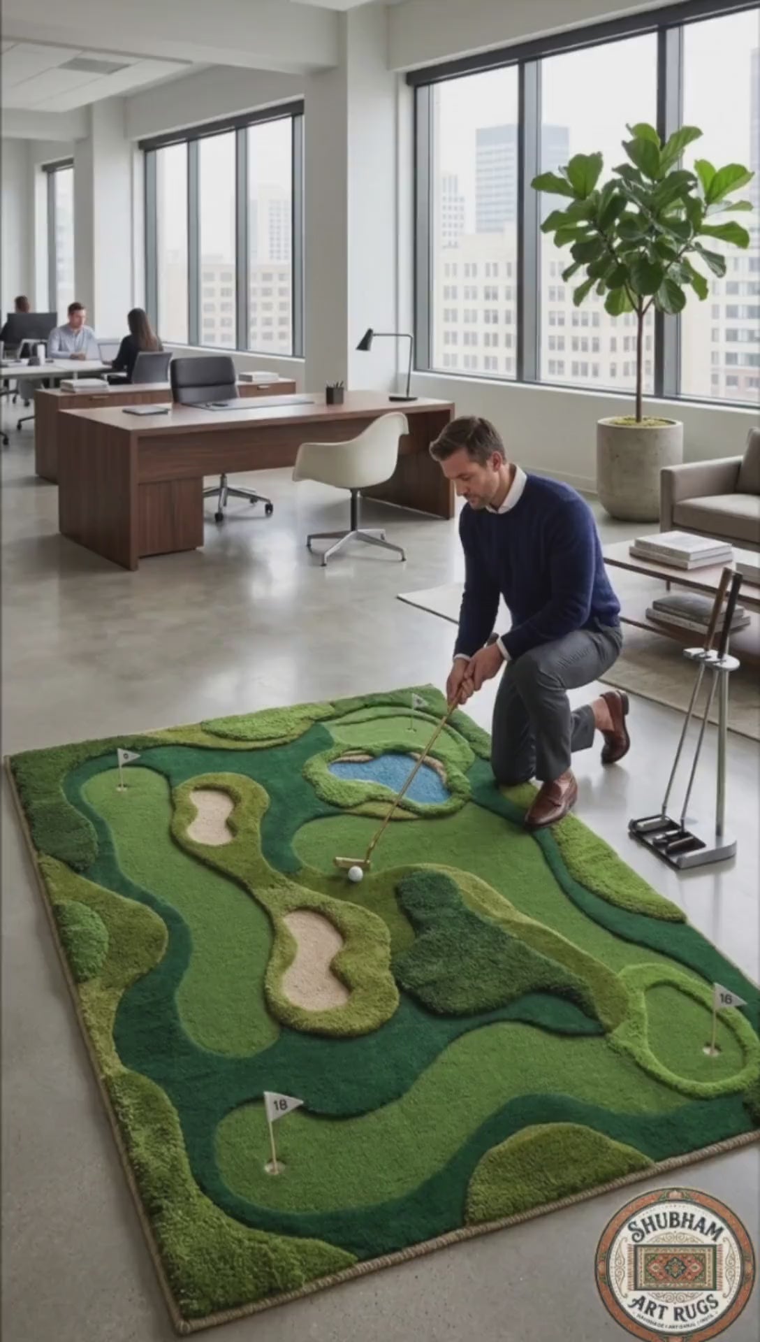Mini Golf Course Hand-Tufted New Zealand Wool Rug - 3D Abstract Grass Texture Area Carpet for Game Room, Office & Kids Room - Modern Multi-Green Aesthetic Minimalist Area Carpet